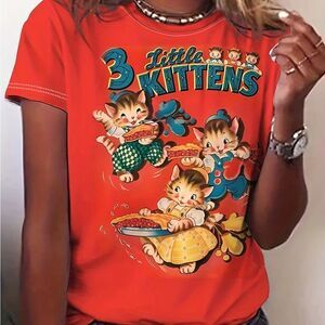 3 Little Kittens Retro Kitschy Women’s Stretchy Crewneck T-Shirt Sz XXL